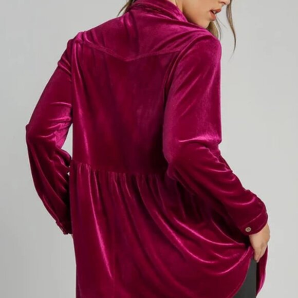UMGEE Velvet Button Down Collared Tunic Top Ruby Pink Womans XL Long Sleeve - Picture 4 of 14
